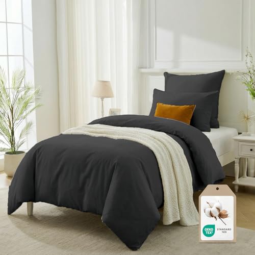 CELESTA Bettwäsche Set 2-TLG. 135x200cm Anthrazit - 100% Baumwolle 1 Bettbezüge 135x200 cm + 1 Kissenbezug 80x80 cm, ÖKO-TEX Bettwäsche-Sets mit Reißverschluss, Kuschelig Weich & Atmungsaktiv