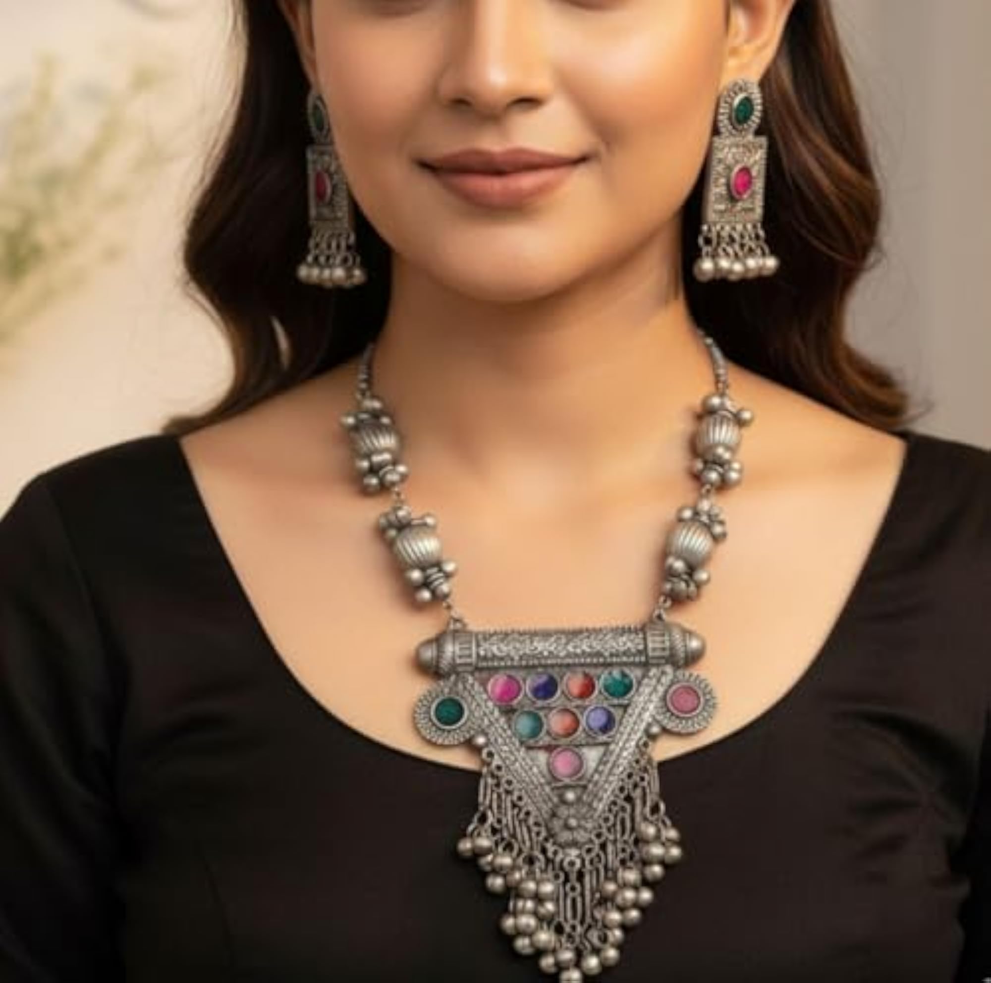 Statement Ethnic Traditional Oxidised Silver Ghungroo Necklace & Earrings Set