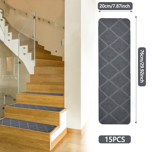 15 PCS Stair Tread Pads Non-Slip Wooden Step Protectors - 20 x 76cm Stair Carpet Treads Reusable Stair Runner Rugs Carpet Covers for Indoor, Wooden Steps, Home, Pets, Kids & Elders (Dark Gray)
