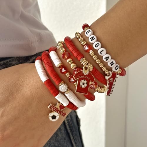 2026 World Cup England Bracelet Set, 7Pcs Stackable Beaded Stretch Bracelets with Soccer Jersey & Cleat Charms, England National Team Soccer Fan Jewelry, 2026 World Cup Game Day Souvenir — view 4