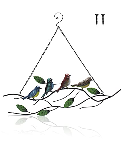 Wanddekoration aus Metall mit Blättern aus Metall, Vogelserien-Anhänger, Heimdekoration, Hängedekorationen für Fenster, Garten, Tür und Geschenke für Vogelliebhaber Cover