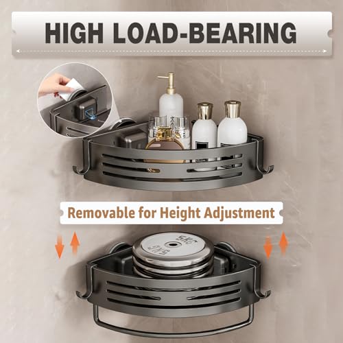 Image of Conworld Corner Shower Caddy Suction Cups, No-Drilling Corner Shower Shelf | 1. No Drilling, No Wall Damage 2. Strong Suction Cup, Holds 22 Lbs. 3. Aluminum, Rustproof & Durable
