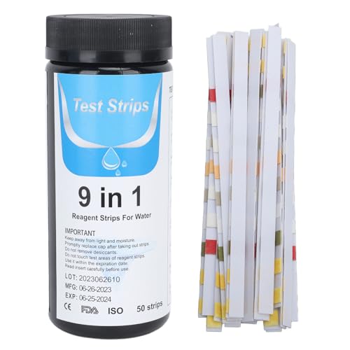 Baxnore Tiras de prueba de ph 50 tiras 9 en 1 Papel de prueba de calidad de agua preciso para piscina Aquario de agua para beber