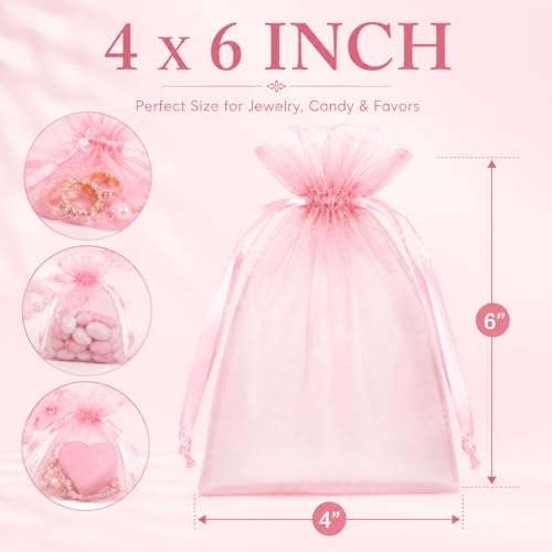 Image of Hopttreely Pink Organza Bags 4x6 Inch, 50PCS Premium 23X30 Density Mesh Drawstring Gift Bags for Women Jewelry Candy Sachet Goodie Graduation Birthday Wedding Baby Shower Party Favors