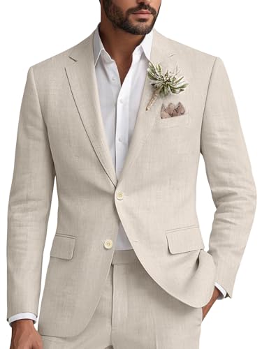 Wangyue Linen Suit for Men 2 Piece Suit Classic Fit Mens Linen Suits for Beach Wedding Suit Casual Blazer Pant Prom Suit