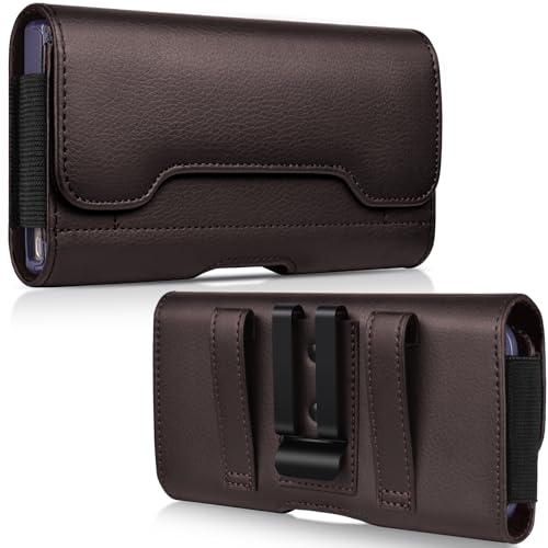 Image of ACCKUO Leather Phone Holster with Strong Metal Belt Clip and Card Holder Compatible with iPhone 17 16 15 14 13 12 and Pro, Galaxy S26 S25 S24 S23 S22 S21 S20 for Everyday Protection, M-Coffee