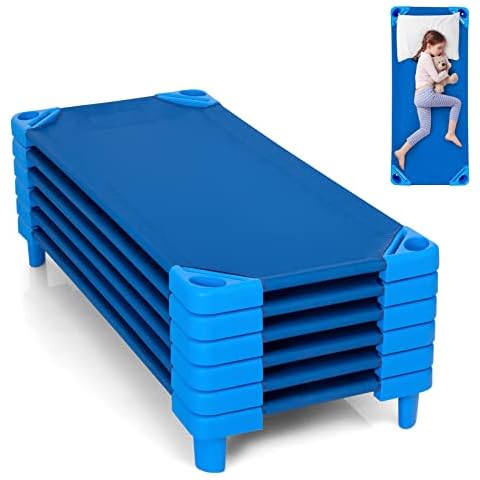 KOTEK Stackable Sleeping Daycare Cots for Kids, Portable Toddler Nap Cots, 52" L x 23" W, Ready-to-Assemble, Space-Saving Children Naptime Cot for Classroom Preschool (Set of 6, Blue) Cover