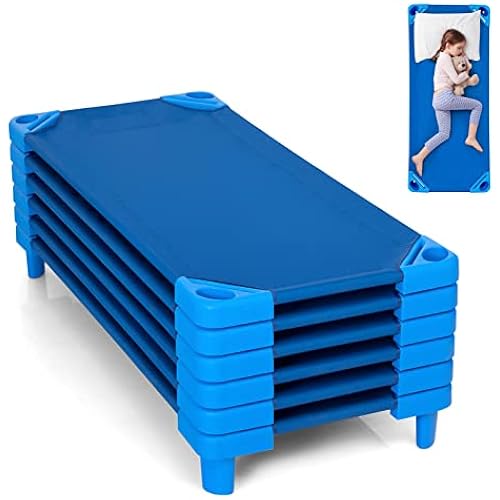 KOTEK Stackable Sleeping Daycare Cots for Kids, Portable Toddler Nap Cots, 52" L x 23" W, Ready-to-Assemble, Space-Saving Children Naptime Cot for Classroom Preschool (Set of 6, Blue)