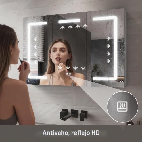 Miniatura 7 de Sirhona - Armario De Baño Con Iluminación Led, 90 X 60 X 12,5 Cm, Espejo De Cuarto De Baño Con 3 Colores Luz, Regulable, Zócalo, Armario De Almacenamiento 3 Puertas, Gris Marroquí