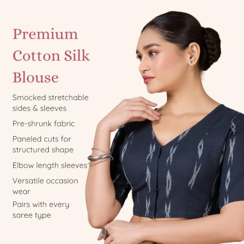 Image of Studio Shringaar Women Cotton Ikat Stretchable (Smocked) Readymade Elbow Length Sleeve Saree Blouse