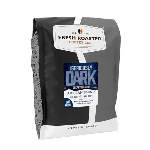 Image of Fresh Roasted Coffee, Seriously Dark Decaf Artisan Blend Drip Ground Coffee, Dark Roast, Kosher, 5 lb (80 oz)