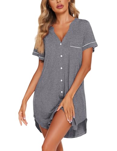Image of Ekouaer Nightgowns for Women Button Down Night Gowns Short Sleeve Sleep Shirt V Neck Nightshirt Soft Sleepwear Pajams Dress