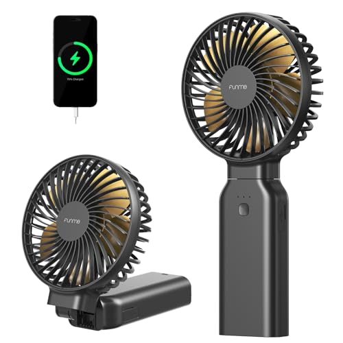 Funme Portable Handheld Fan, 53H Max Cooling Time Travel Fan, 10000mAh Personal Fan with Power Bank, 4 Speeds Rechargeable Fan, Handheld/Foldable 180° Design for Desk/Travel/Office/Outdoor - Black