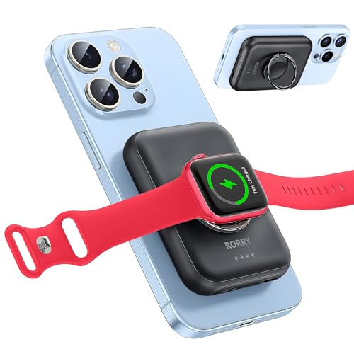 RORRY for Magsafe Portable Charger, [for iPhone & iWatch][Simultaneously Fast Charging] Wireless Power Bank, 5000mAh for Magnetic Portable Charger, for Magsafe Battery Pack with Finger Ring, Black