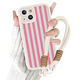 Paovkoi Funda con Cuerda para iPhone 13, Aesthetic Stripes Striped Verano Rosa Silicona TPU Carcasa con Cordon Colgar Collar Correa de Cuello Cadena Colgante, Case para iPhone 13 6,1'' - 02