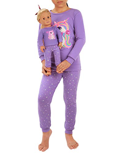 HDE Girls Pajamas - Pajama Set with for Girl with Matching Doll Outfit - 100% Cotton, Breathable Kids PJ Sets with Cute Unicorn Design - Doll Pyjamas Fit American Girl & 18 Dolls Purple Magic Unicorn/Long - 7