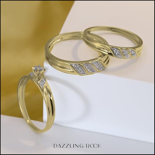 Dazzlingrock Collection 0.10 ctw Round White Diamond Illusion Engagement Trio Ring Set for Him & Her in Yellow Plated Sterling Silver3