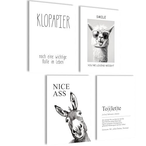 mojoliving Witzige Poster Set 4er Set Wandbilder WC Sprüche Lama Esel Toilette Humor A4 Kunstdrucke schwarz weiß Badezimmer Gäste WC Deko Geschenkidee