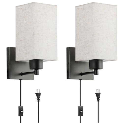 Image of KOONTING Plug in Wall Sconce Set of 2, Rustic Wall Lamp with Plug-in Cord and On /Off Toggle Switch, Linen Fabric Shade Wall Light Fixture for Headboard Bedroom Living Room Hallway (Square-Linen)