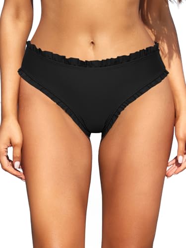 Image of SHEKINI Women's Bikini Bottoms Middle Waist Frill Trim Swimsuit Bottom Summer Beach Swim Briefs, Black, Large
