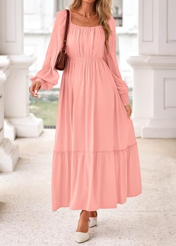 KIRUNDO Casual Fall Dresses for Women 2026 Flowy Long Sleeve Maxi Dress Smocked Empire Waist Square Neck Wedding Party(Pink, XX-Large) — view 6