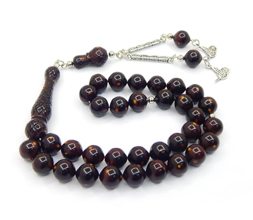 Perlin Gebetskette Gebetsperlen Tesbih Tasbih Tespih Misbaha Subha 33 10mm Rund Form Muslimisches Islamic Rosenkranz mit Ethnic Gebet Perlen Schmuck Armbänder (Braun)