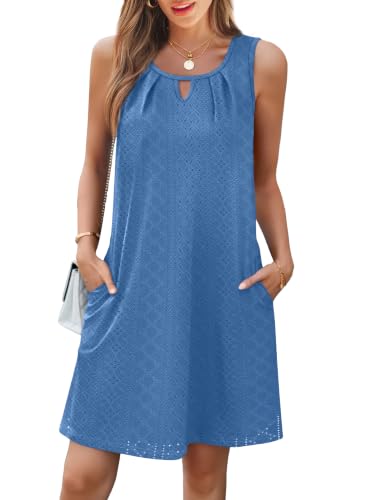 Image of RUMIA Swimsuit Coverup for Women Summer Sleeveless Beach Dress | Crew Neck, Pockets, Eyelet, Boho, Above knee Length, A-Line. Everyday wear, Sundresses, Cruise Wear, Vacation essential
