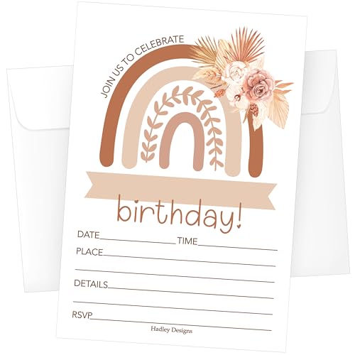 Hadley Designs Kids Birthday Invitations Girl Boho Theme - 15 Birthday Party Invitations For Girls with Envelopes, Boho Rainbow Invites For Girls, Cute Party Supplies, Made in USA