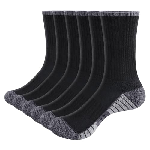 Mens Gym Tennis Golf Training Athletic Socks Moisture Wicking Cotton Cushioned Crew Socks for Men, 6 Pairs