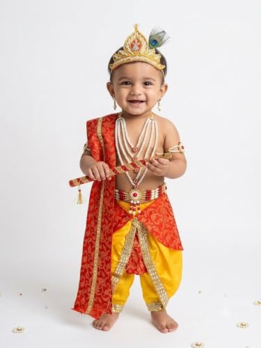 Image of Krishna Dress for Baby Boy Kids Janmashtami Costume | Dhoti & Patka Included, Mukut & Morpankh, Bansuri & Kamarband, Bajuband & Kundal, 8-Piece Set