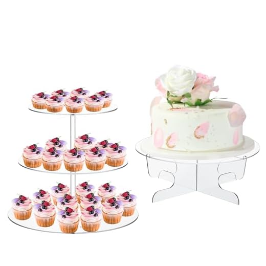 2 Pcs Acrylic Cupcake Stand Including 3 Tier Clear Dessert Tower Holder Display 1 Tier Round Cupcake Holder Stand with Base Reusable for Wedding Baby Shower Party Noted Remove the Surface Film (Clear)