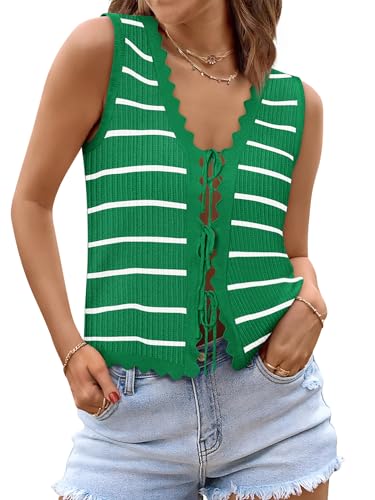 Image of COCCKO Womens Summer Tops Vacation Beach Outfits Cute Tie Front Crochet Vest Knit Sleeveless Sweaters