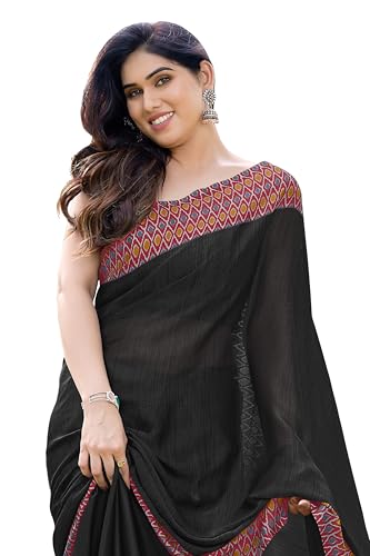 Image of MIRCHI FASHION Saree for Woman Chiffon Georgette Polka Dot Border | Plain Lightweight Women's Sari with Printed Pallu and Blouse Piece