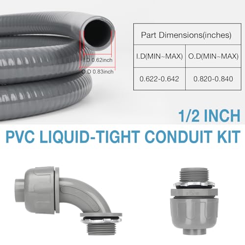 HOXHA 1/2 Inch 10 Ft Electrical Conduit Kit AC Whip Kit Flexible PVC Non Metallic Liquid Tight Conduit, Electrical Wire Conduit Pipe with Straight and 90-Degree Conduit Connector Fittings - Thumbnail 2