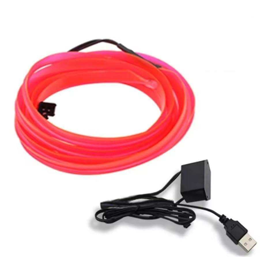Volunx 5M LED EL Wire Neon Light Strip, USB 12V Powered, Flexible 2.3mm Glow Strip, 360° Ambient Lighting for Car Interior, Home Decor, Party, DIY, Waterproof, 16.5 ft (Pink)
