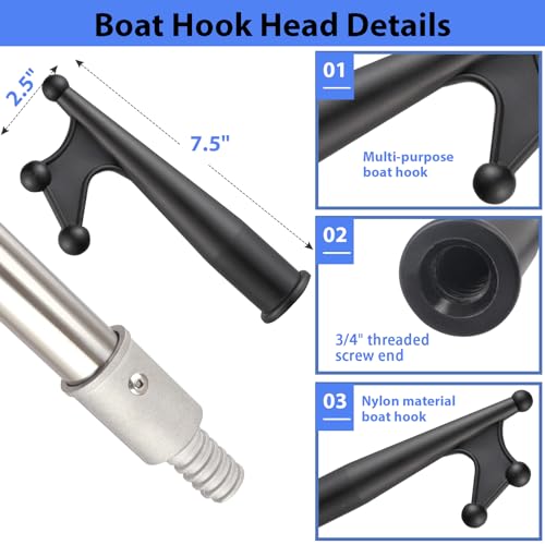 Greeily Boat Hook, 3ft to 12ft Boat Hook Pole for Docking Mooring and Other Boat Activities Splicing and Adjusting Multi-Purpose Durable Made of Stainless Steel Tube (2.8ft-11.5ft) - Thumbnail 3