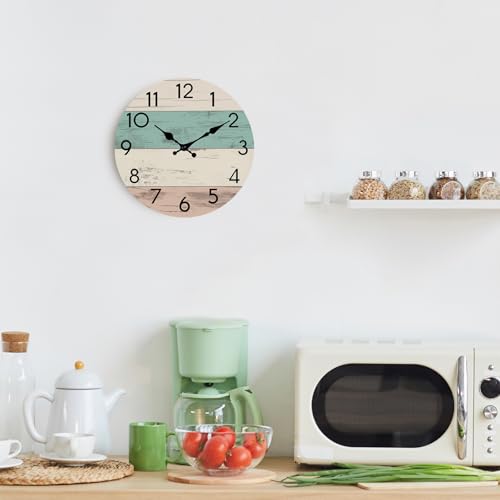 Image of KECYET Wall Clock Silent Non-Ticking Wooden Clocks Battery Operated 8 Inch Small Country Retro Rustic and Beach Style Decorative for Kitchen, Home, Bathroom, Bedroom (Green)