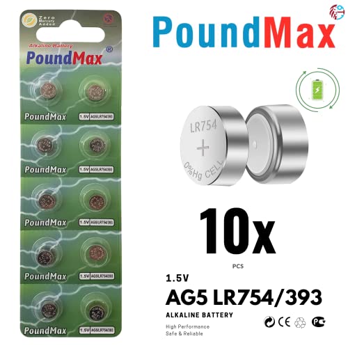 Poundmax Ag5 Lr754/393 Batteries 1.5V Alkaline Button Cell Battery - 10 Count #TOP1