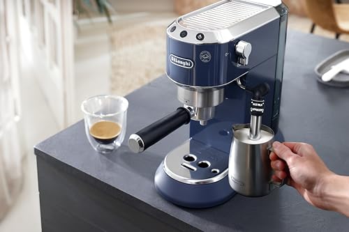 Image of De'Longhi Dedica Style - Perfetto Compact Manual Espresso Machine, Manual Milk Frother for Espresso and Cappuccino, Compatible with ESE Single Doses, Button Panel, Width 15 cm, Blue (EC685.BL)