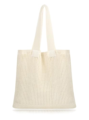 Image of COOKOOKY Lined Crochet Tote Beach Shoulder Bag Women Casual Work Shopping | Lined crochet tote with soft structure, perfect for beach, work, shopping. Roomy & lightweight for daily use.