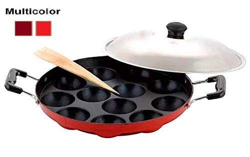 Jet Aluminium Fly 12 Kuliz Appam Patra Non-Stick Paniarakkal with Lid (Red)
