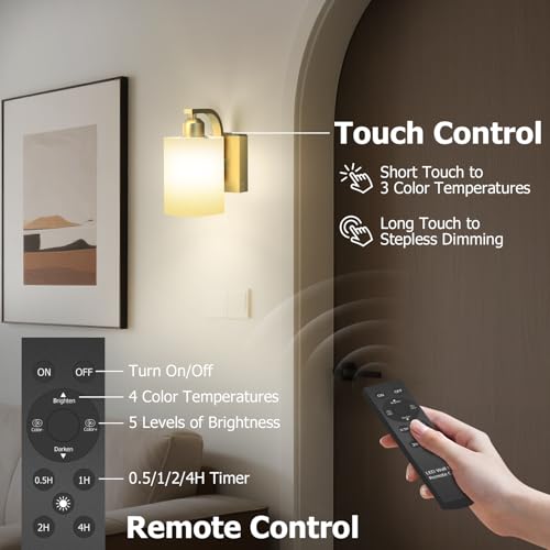 Image of iThird Battery Operated Wall Sconces Set of 2: 6000mAh Rechargeable Wall Light with Touch and Remote, Wireless Wall Lamp for Bedroom, Gold Modern Cordless Wall Scones for Living Room Hallway Bathroom