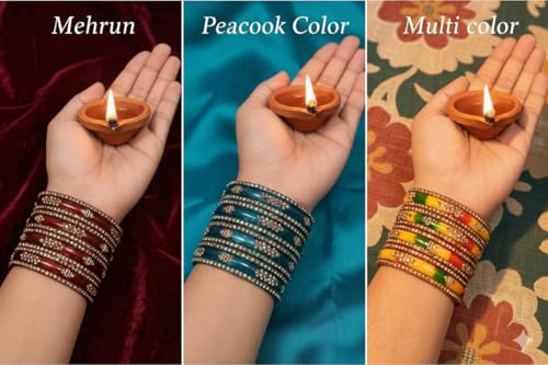 Image of Swara Creations Green Mehrun Red Glass Bangles Set for Women | Zirconwork Bangles | Glass bangles for festivals & occasions, Traditional glass bangles (SKU276)