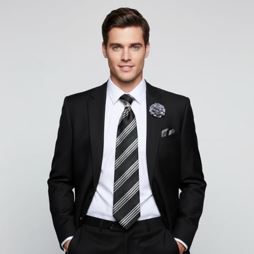Image of 5PCS Mens Premium Silk Tie, Pocket Square, Cufflinks, Drilled Tie Ring and Lapel Pin Set for Wedding Groom Party