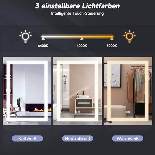SONNI Łazienkowa szafka z lustrem LED, 70 x 50 cm, 3 kolorowe światło, możliwość ściemniania, gniazdko elektryczne + defogging, drzwi przesuwne, stal nierdzewna, szafka z lustrem z przełącznikiem