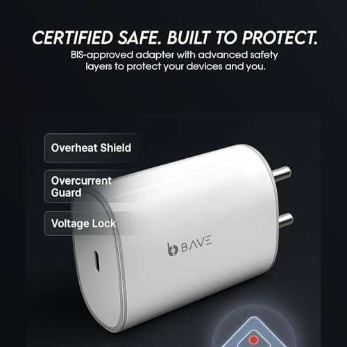 Image of BAVE 45W PPS PD 3.0 Fast Charger with Type-C to Type-C Cable | Compatible with Nothing Phone 3a, 3a Pro, 2a, 2, 1 & CMF Phone 1 | USB-C Power Adapter with Power Delivery Support | White