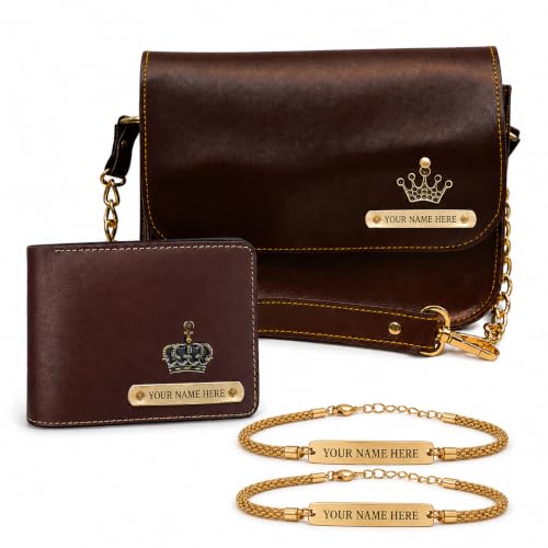 Image of SAVRI Personalized Rakshabandhan Gift for Bhaiya & Bhabhi | Customized Leather Wallet & Sling Bag with Name & Charm | Set of 2 Personalized Chain Rakhis with Name | Couple Gift for Anniversary & Rakhi
