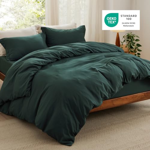 Image of Bedsure Prewashed Duvet Cover King with Fitted Sheet, 4Pcs, Forest Green