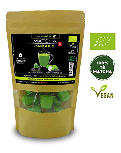 Tè Verde Matcha Biologico Giapponese - confezione da 30 Capsule Compatibili Nespresso®*, raccolto a mano, macinato a pietra  100% puro e naturale - mondomatcha