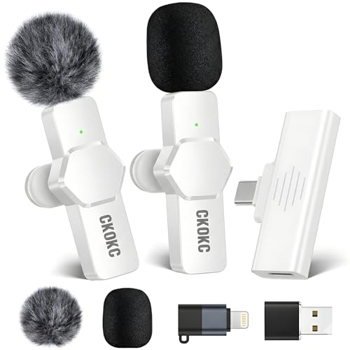 CKOKC Wireless Lavalier Microphone for iPhone - Android Computer, Mini Microphone with Clips & Holders for Live Streaming, Video Recording, Interviews, Youtube, TikTok, Vlog White